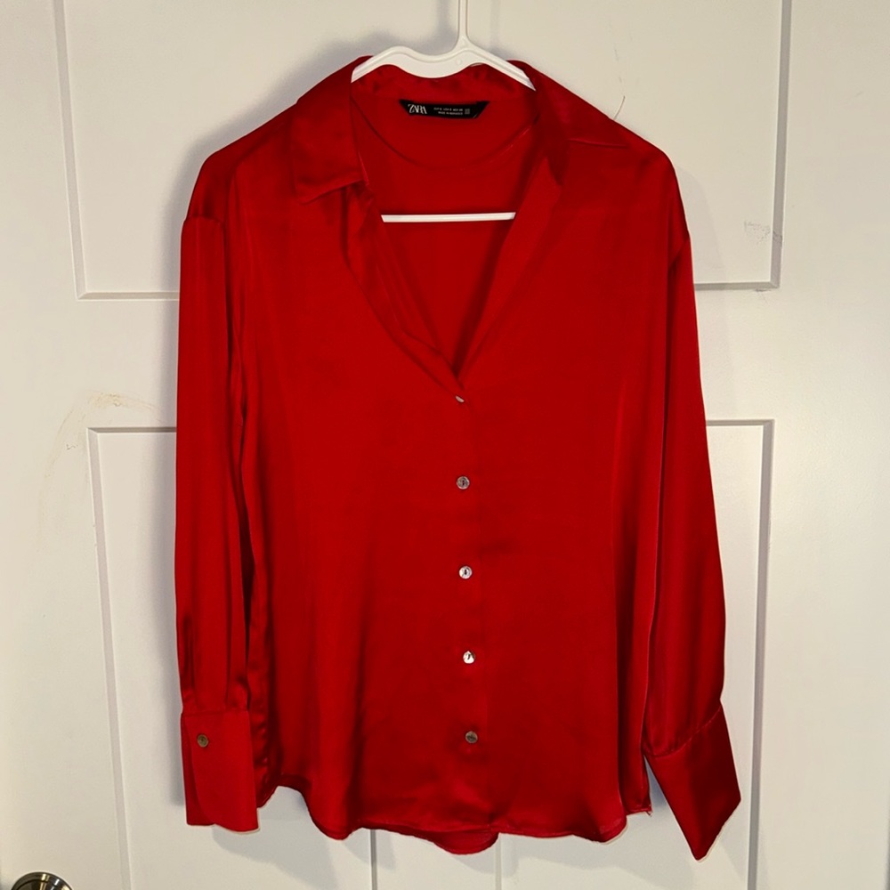 Zara Size Small Red Silky Button Down